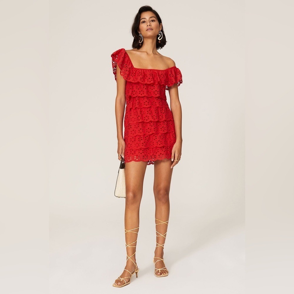 Show Me Your MuMu Lucy Red Eyelet Ruffle Off-Shoulder Mini Dress Size Medium